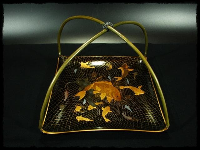 時代物 網魚蒔絵手付盆 菓子器 茶道具 c522
