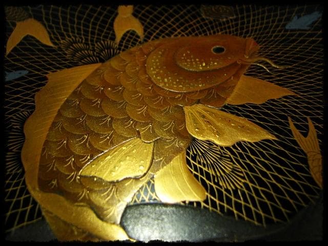 時代物 網魚蒔絵手付盆 菓子器 茶道具 c522