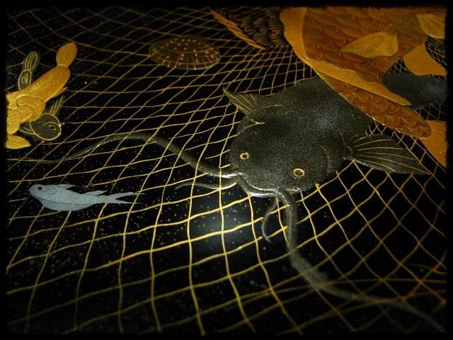 時代物 網魚蒔絵手付盆 菓子器 茶道具 c522