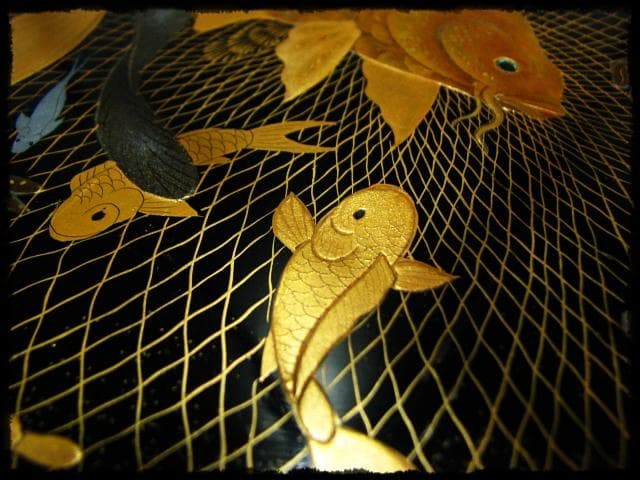 時代物 網魚蒔絵手付盆 菓子器 茶道具 c522