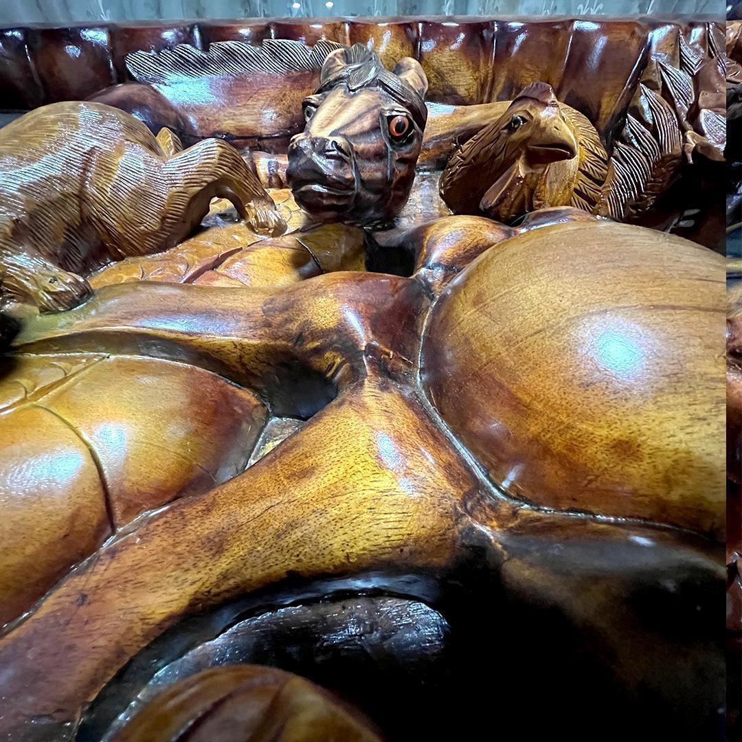 【希少】中国美術 干支 テーブル アンティーク 彫刻 木彫 ガラス天板 縁起物