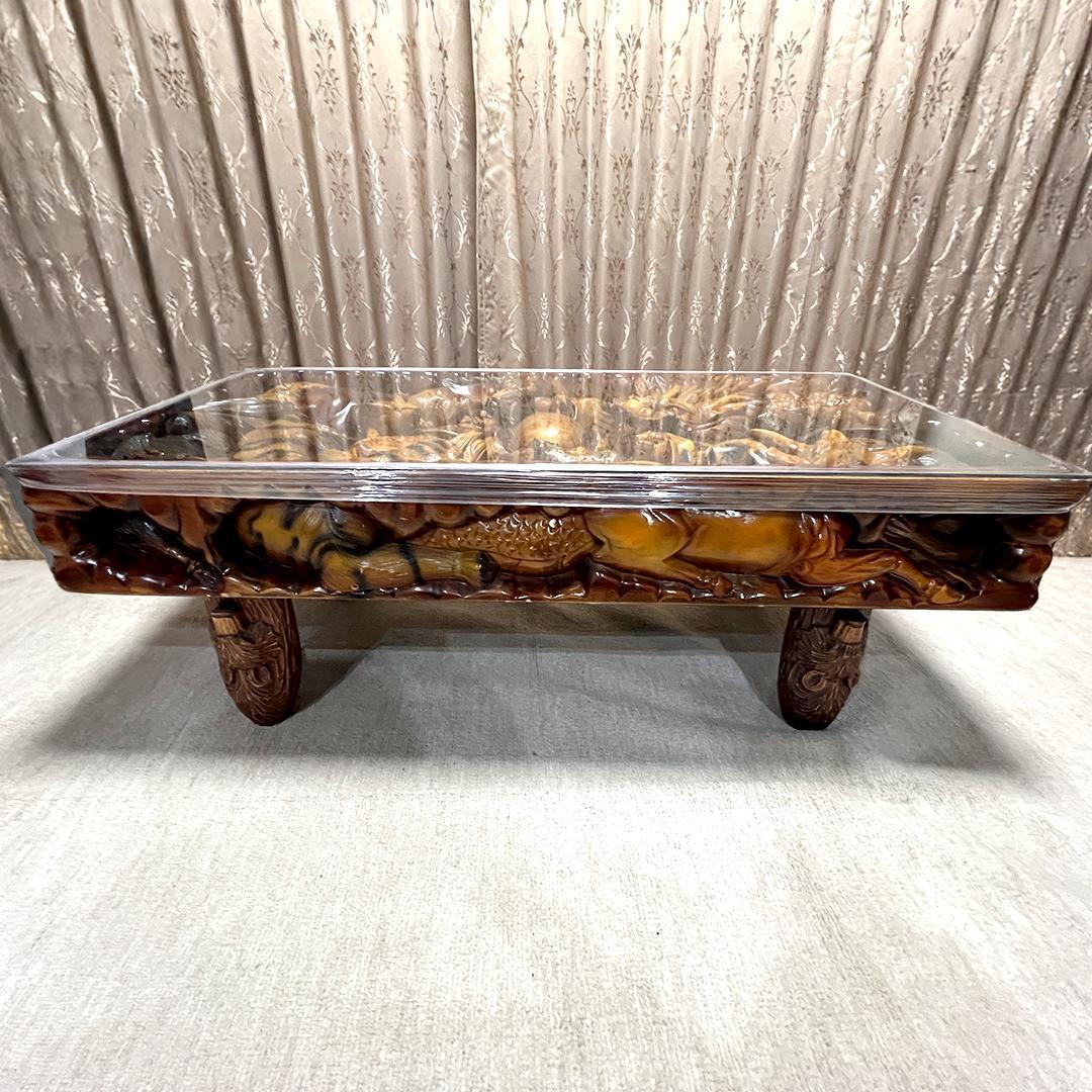 【希少】中国美術 干支 テーブル アンティーク 彫刻 木彫 ガラス天板 縁起物