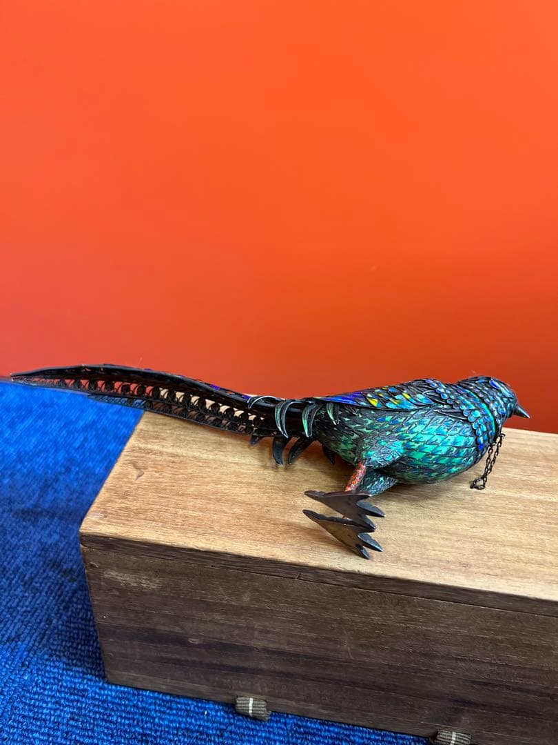 1217 中国美術　銀七宝　珊瑚石細工　鳥　蓋物　置物　工芸品　時代物