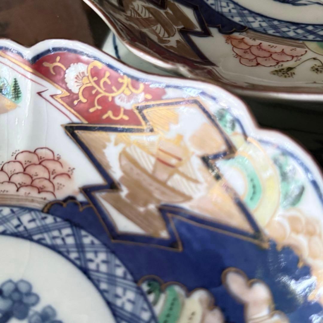 大雪特別価格‼️降誕祭GOLD伊万里錦手　帆かけ舟❌山水❌米俵富貴長春八寸皿5客