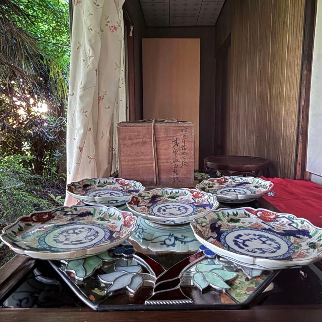 大雪特別価格‼️降誕祭GOLD伊万里錦手　帆かけ舟❌山水❌米俵富貴長春八寸皿5客