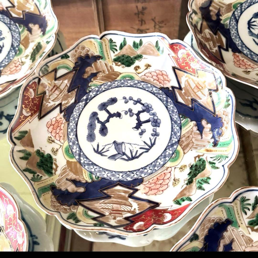 大雪特別価格‼️降誕祭GOLD伊万里錦手　帆かけ舟❌山水❌米俵富貴長春八寸皿5客