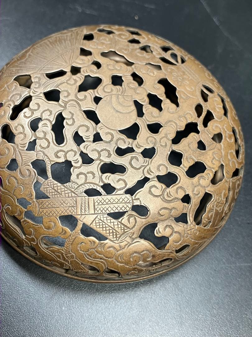 青磁三足純銀火屋香炉 仏具茶道具透かし彫り純銀刻印 銀細工 骨董品 火舎 工芸