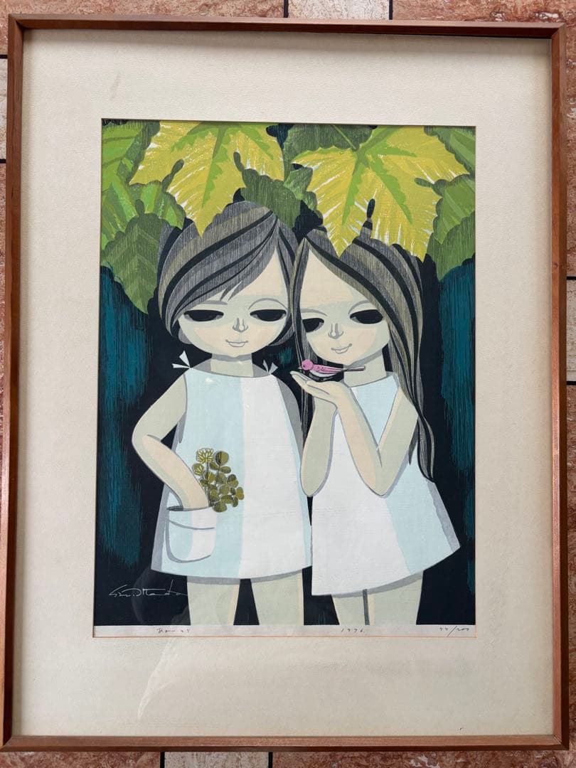 池田修三 「あかいとり」 木版画1976年制作　額入り直筆サイン　人物画希少作品