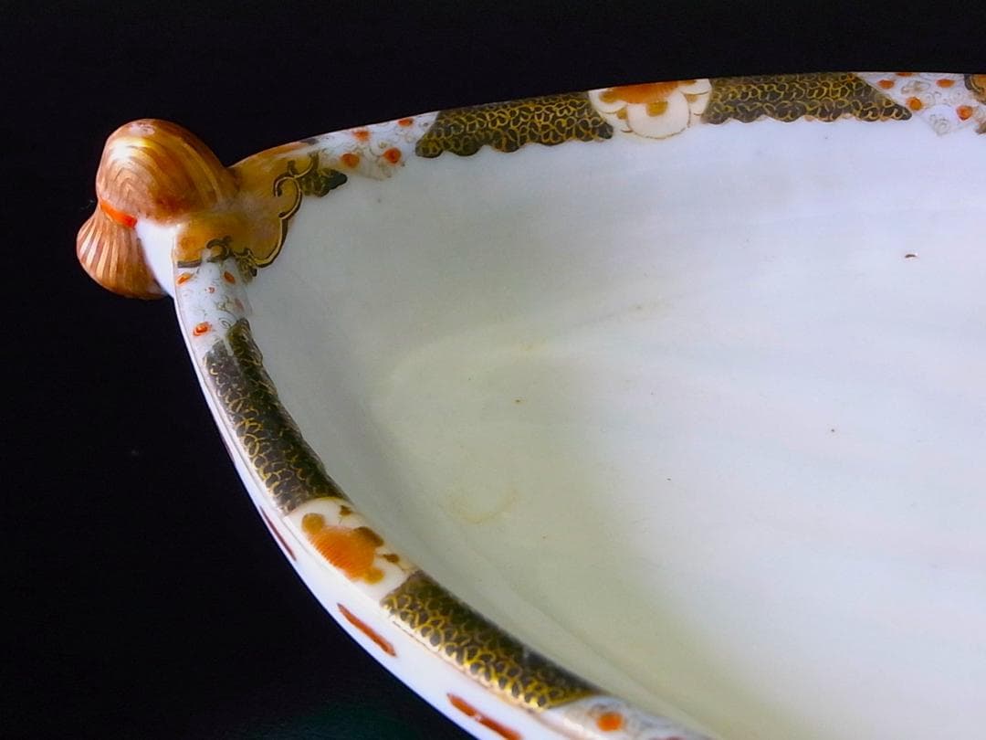 【 E399 】 超名品　明治期瀬戸焼上手作品　川本桝吉作品　超細密武士文舟形皿