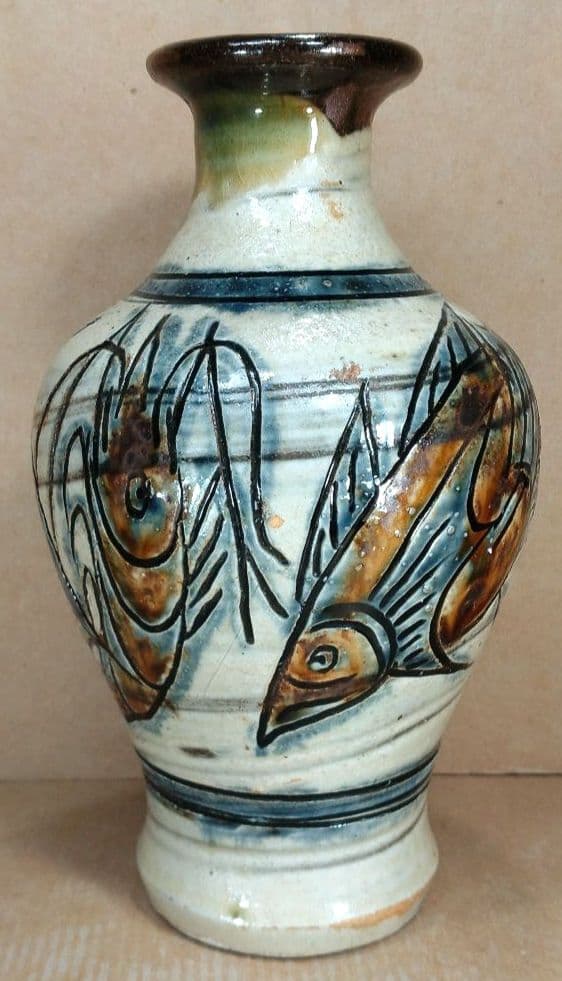 【本物保証】金城次郎 海老魚紋花瓶 共箱 栞 人間国宝 壷屋焼 壺屋焼 やちむん