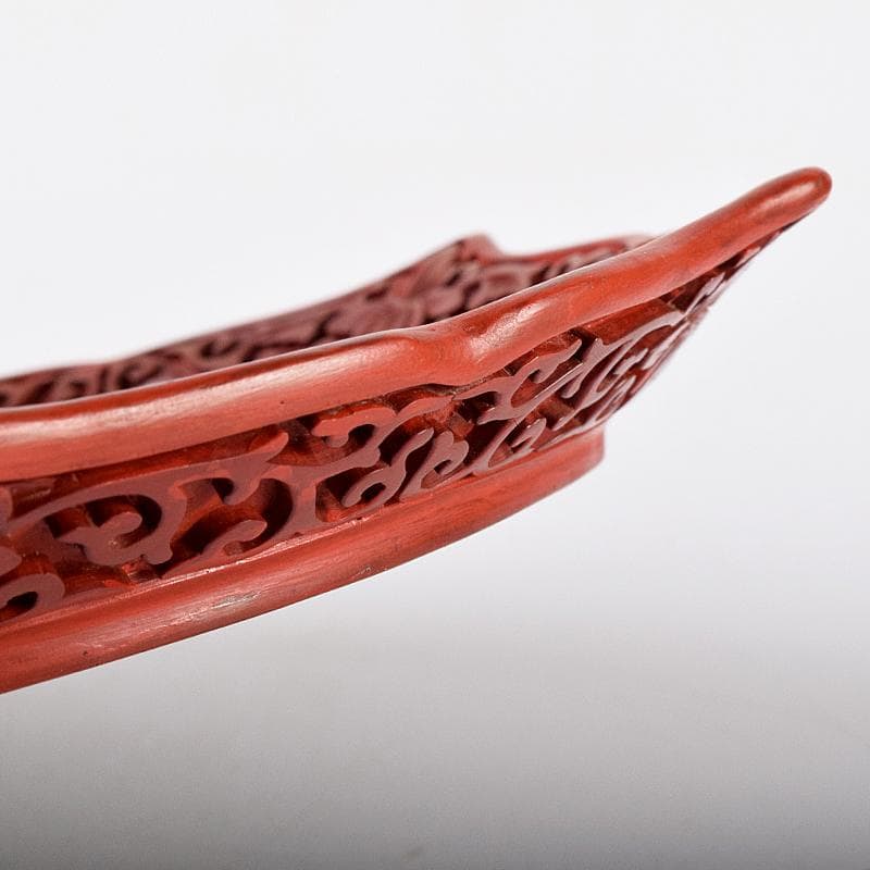 中国　堆朱　山水楼閣彫　針木盆　輪花盆　時代箱付　F　R8632