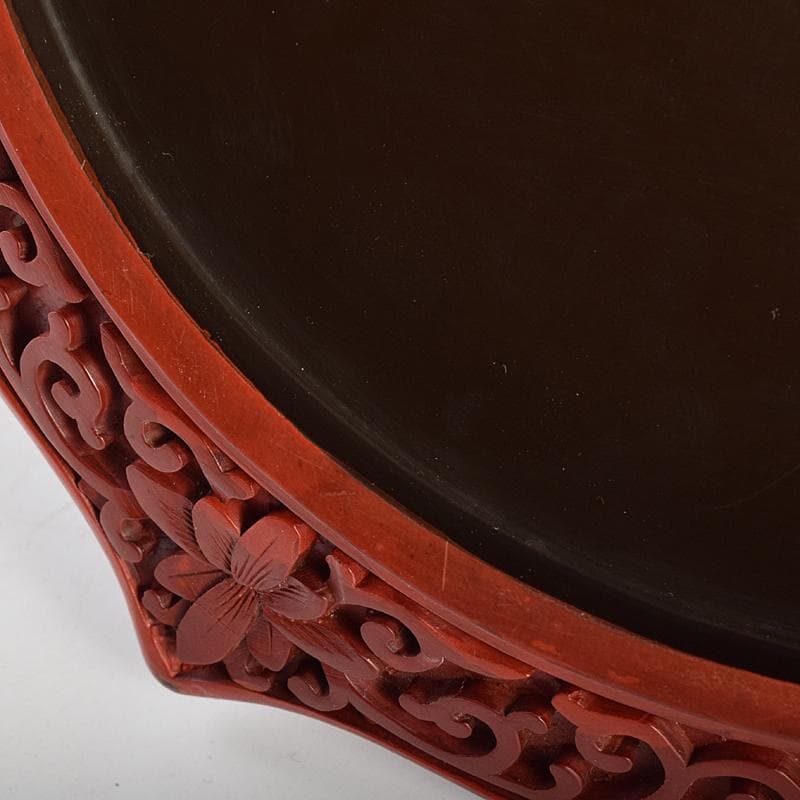 中国　堆朱　山水楼閣彫　針木盆　輪花盆　時代箱付　F　R8632