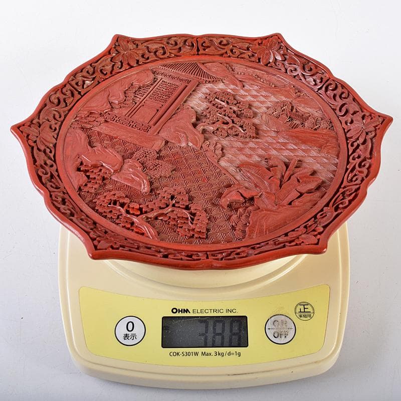 中国　堆朱　山水楼閣彫　針木盆　輪花盆　時代箱付　F　R8632