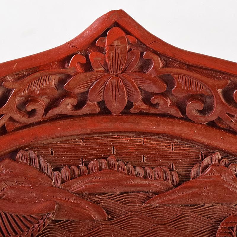 中国　堆朱　山水楼閣彫　針木盆　輪花盆　時代箱付　F　R8632