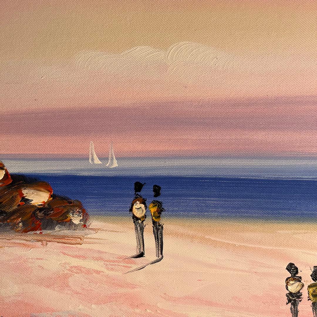 手描き油絵 夕暮れの海岸 額付 肉筆絵画 インテリア 油彩画