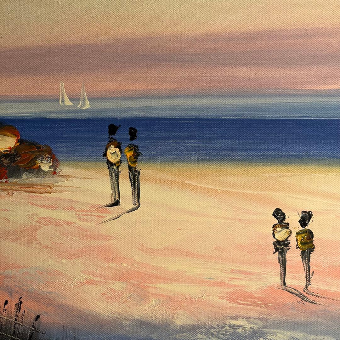 手描き油絵 夕暮れの海岸 額付 肉筆絵画 インテリア 油彩画