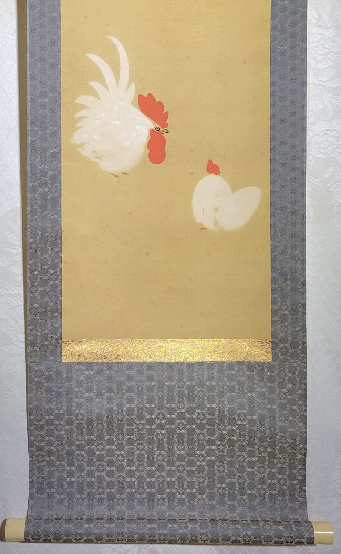大谷光演(句佛)　俳句、鶏の図　俳画　掛け軸　合わせ箱　浄土真宗　書画、美術品