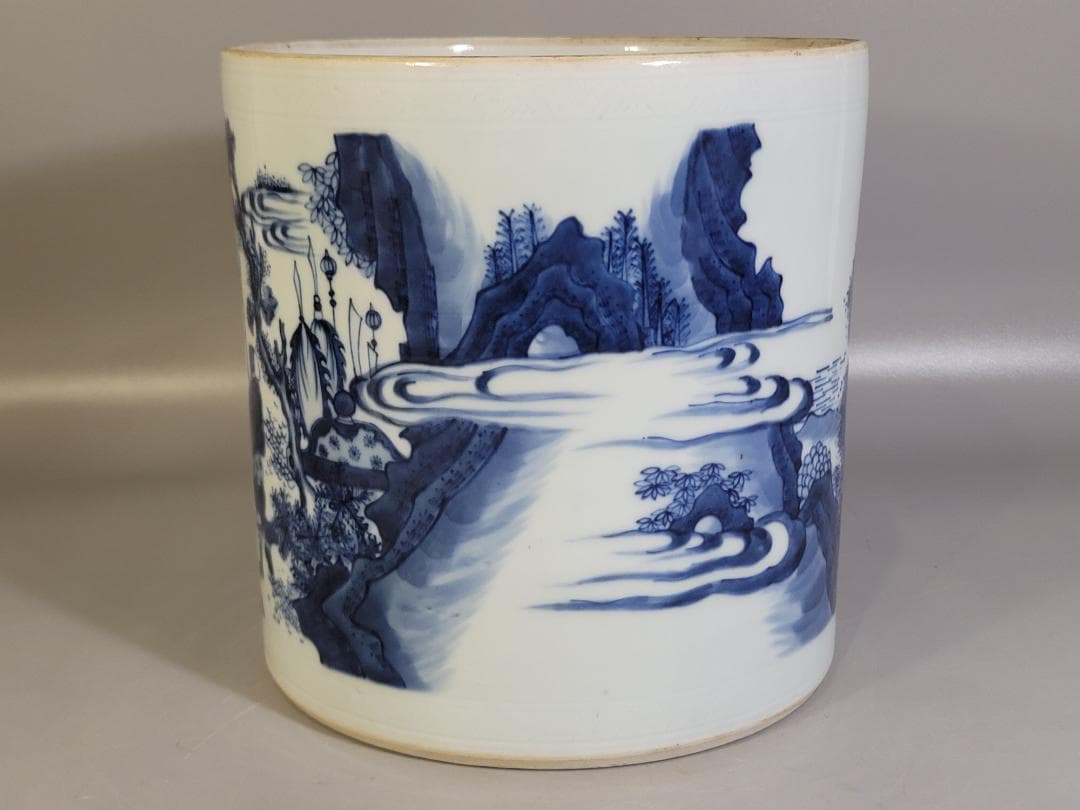 中国 青花 武人紋 紙 筆筒 時代物 古美術 DT442