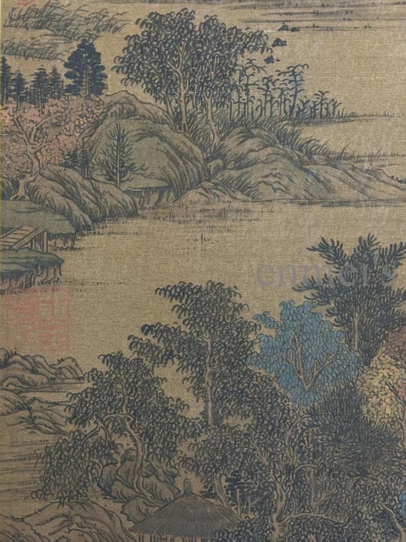 中国古美術 清時代の彩代 絹本手描き 黄公望 山水図 水墨画 三尺 牙軸 古玩