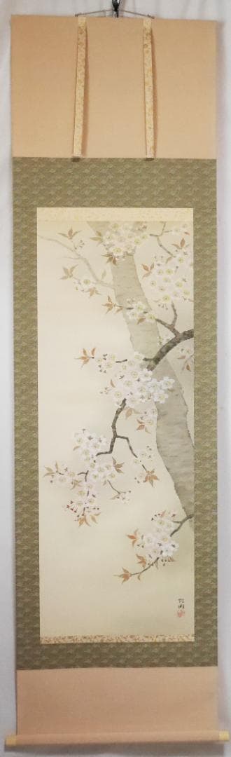【良品】春用掛軸　桜　さくら◆絹本　肉筆　共箱付　日本画　美術品　花鳥　掛軸