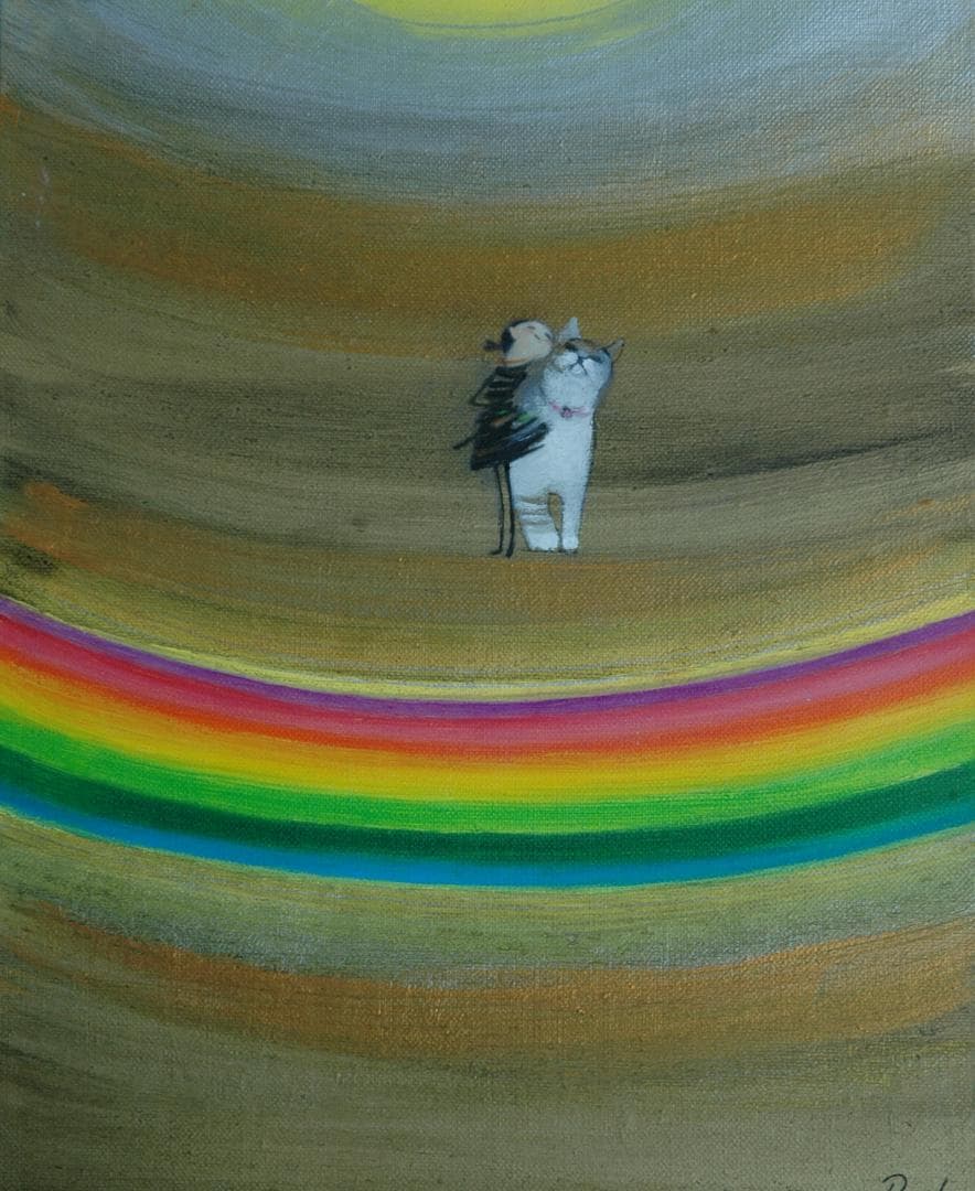 油絵 菅家令子絵 絵画インテリア額付(青緑＋金色の枠)F3-030919猫犬女子