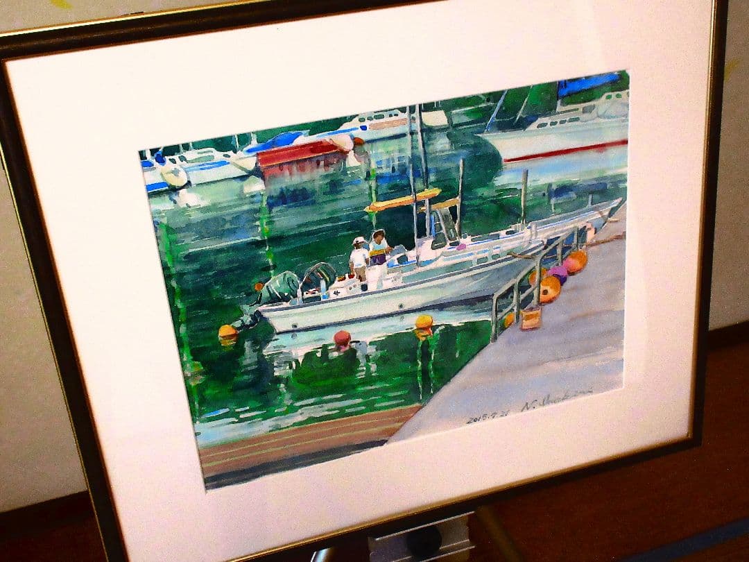 水彩画 ヨットと港の風景 N. Iwakiri 額装済み 原画 F6サイズ