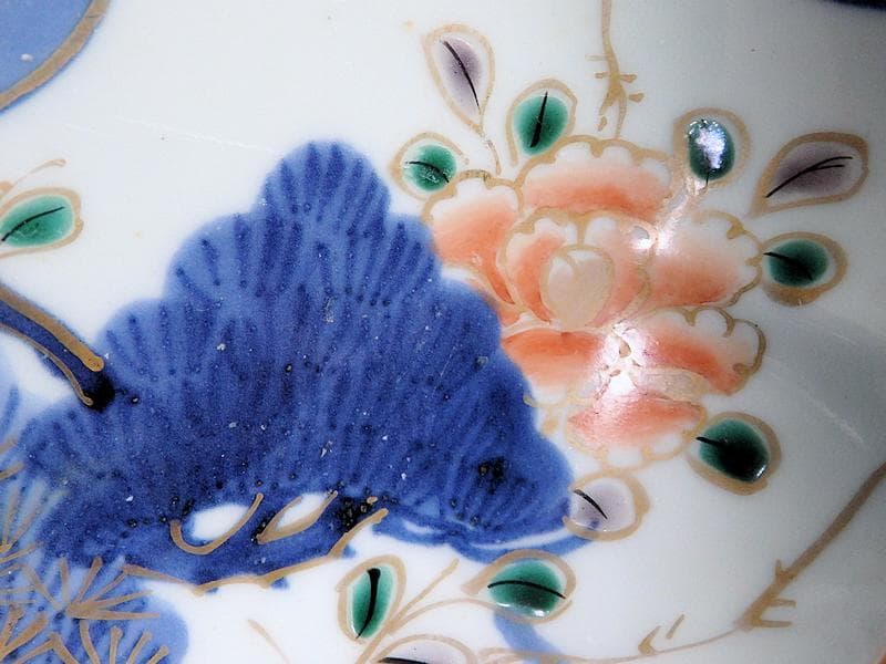 古伊万里　染付　三蓋松に牡丹の図　大膾皿　２客　江戸期　B231AS-CAj