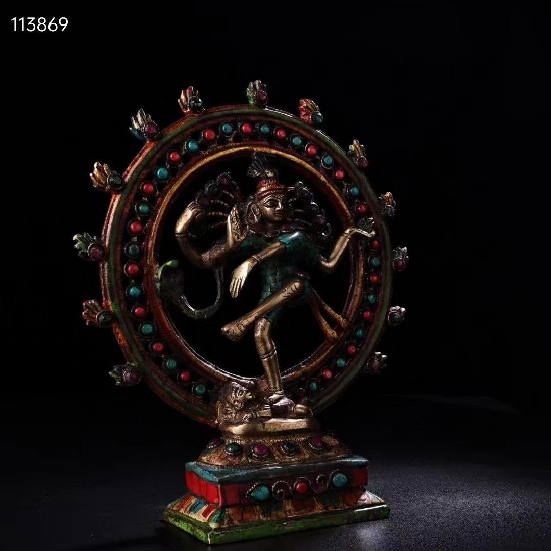 中国古美術・チベット収・純銅・蔵伝工芸・宝石彩絵描金・立自在度母・置物・供養仏像