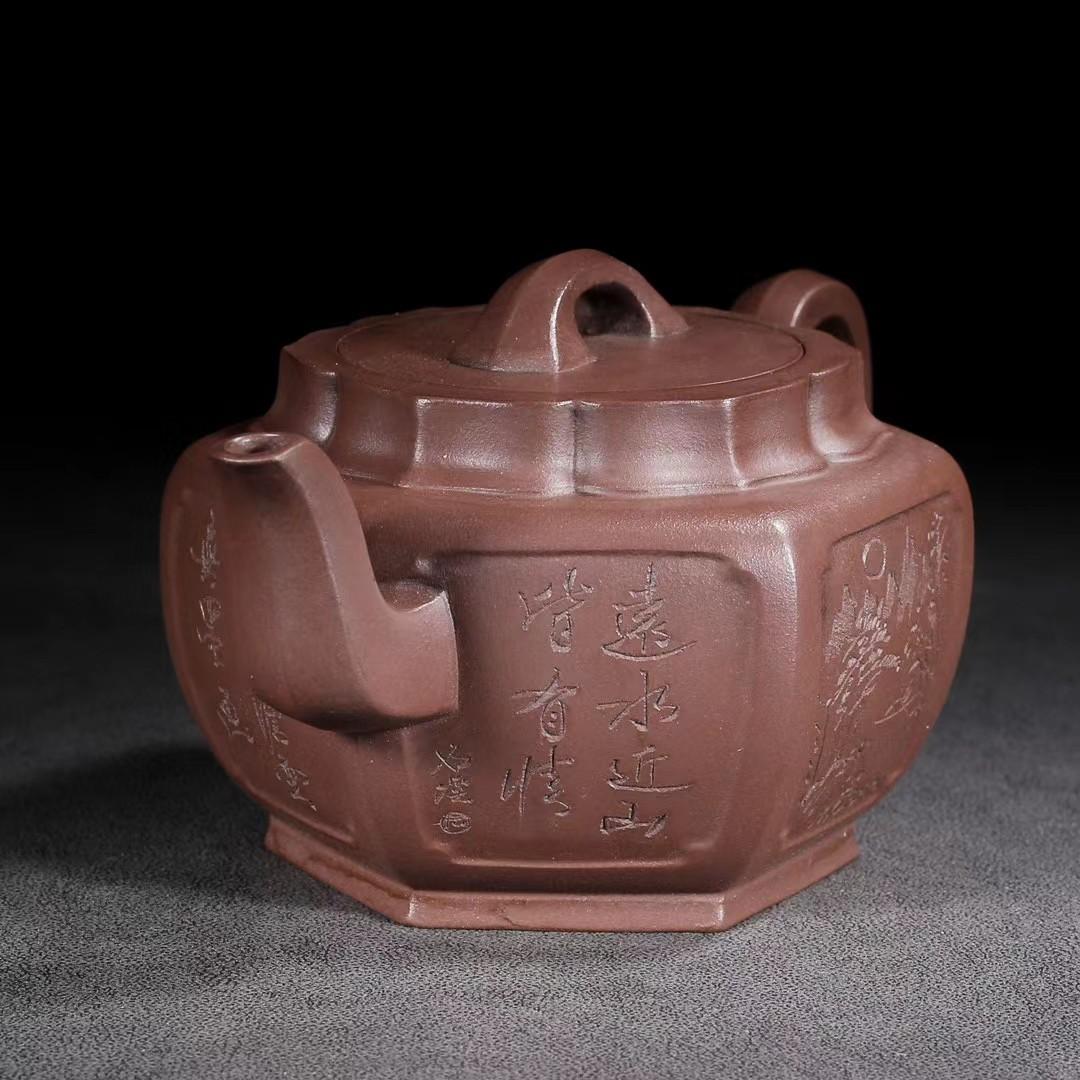 中国古美術・六角紫砂壺・ 底款:范大生・宜興原鉱・紫泥急須・茶壺・茶道具・置物