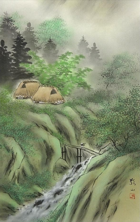 【真作】掛軸 加茂敬山『彩色山水』絹本 肉筆 共箱付 掛け軸 g08266