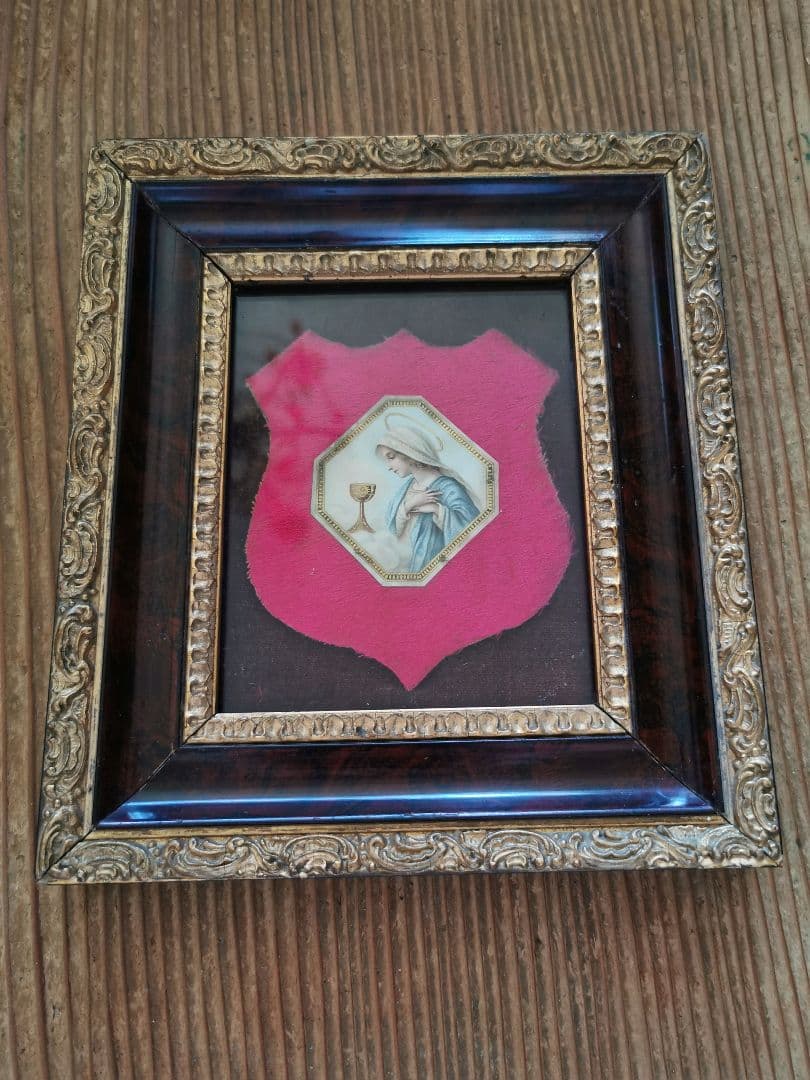 アンティークフランス マリア様の横顔と聖杯 ローズウッド 金彩彫刻ガラスフレーム