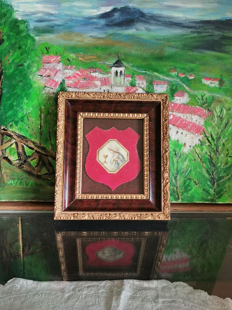 アンティークフランス マリア様の横顔と聖杯 ローズウッド 金彩彫刻ガラスフレーム