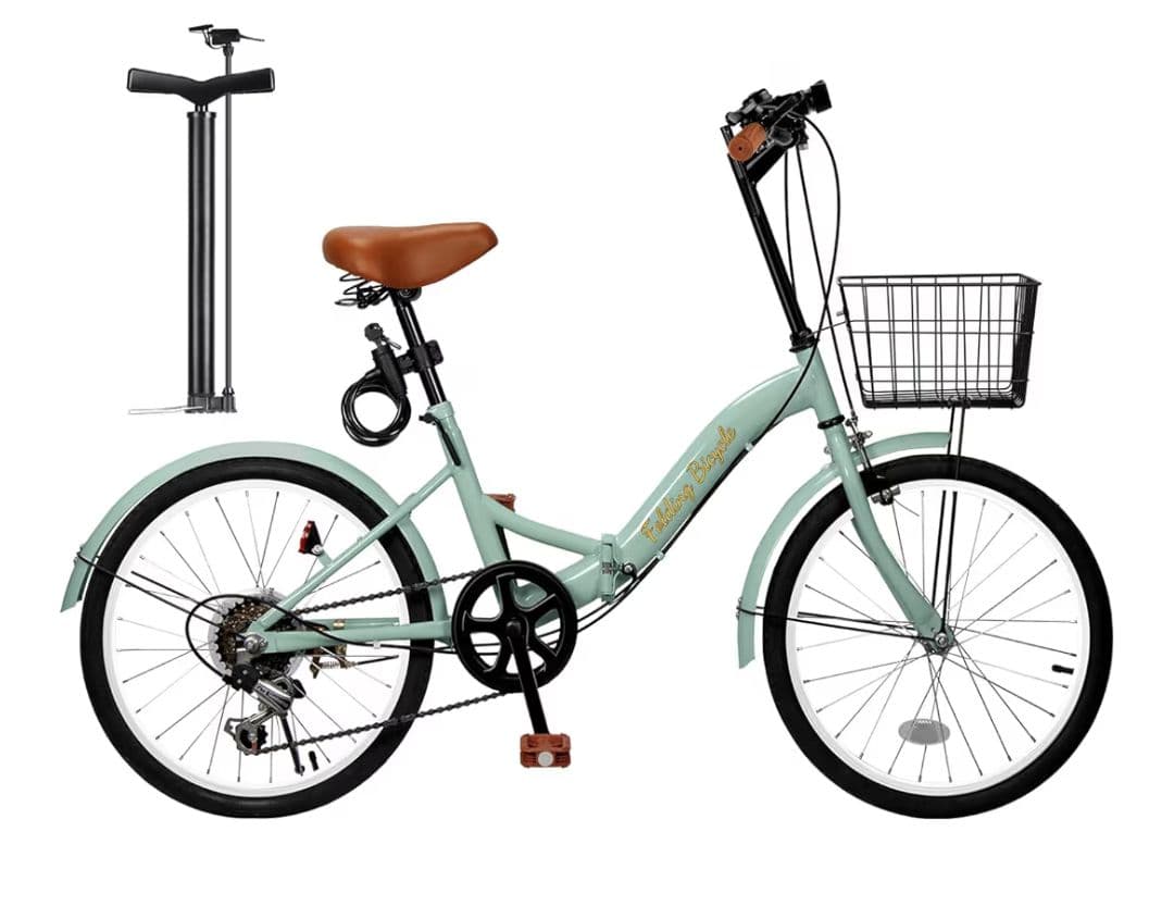 シマノ6段変速 折りたたみ自転車 ミントグリーン　20インチ　自転車カバー付き