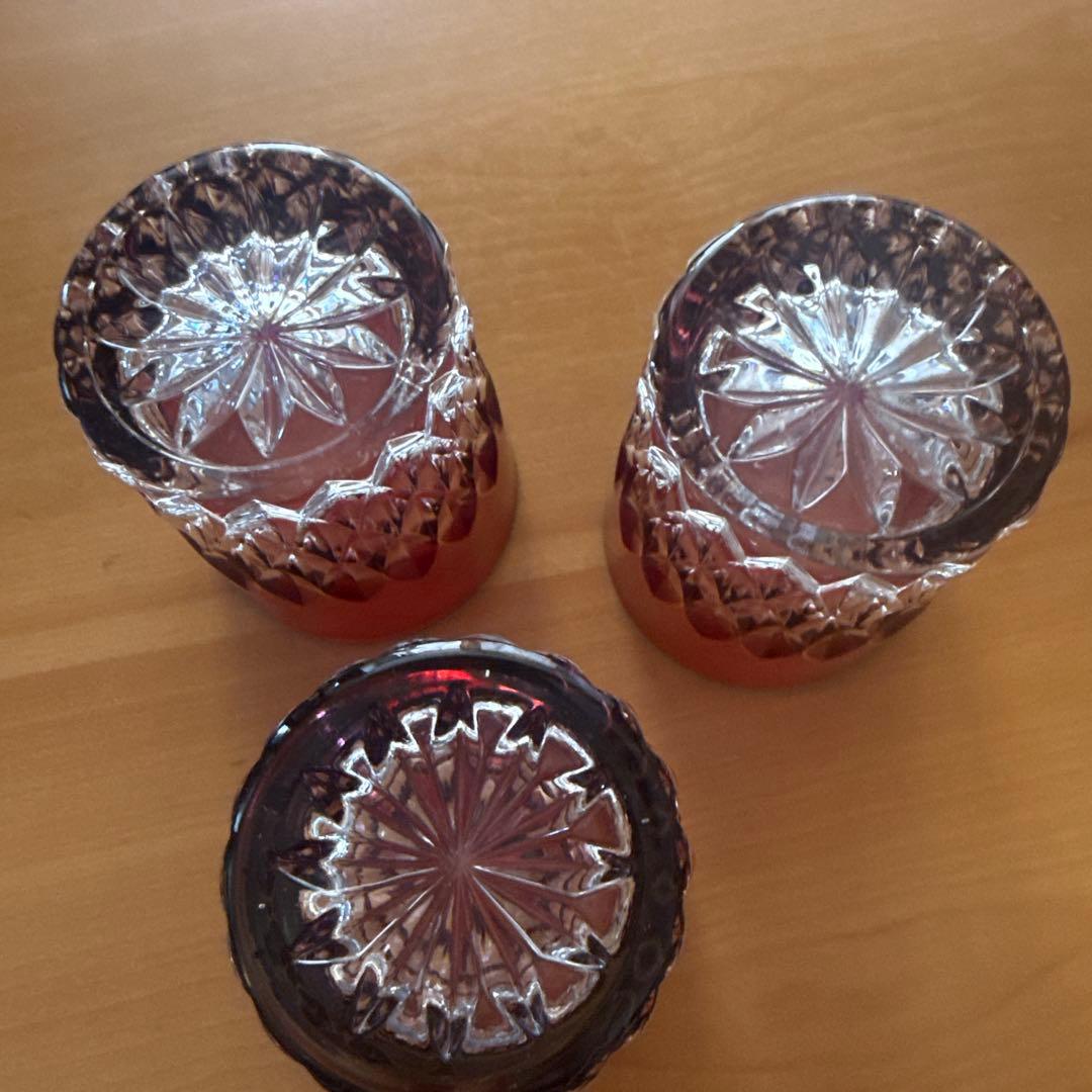 80's未使用★アンティークカットガラス被せガラス３個セット