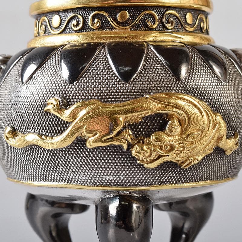 専用　高岡銅器　八代住　釘谷洞石作銀製獅子龍香炉約260g　共箱　L　R8429