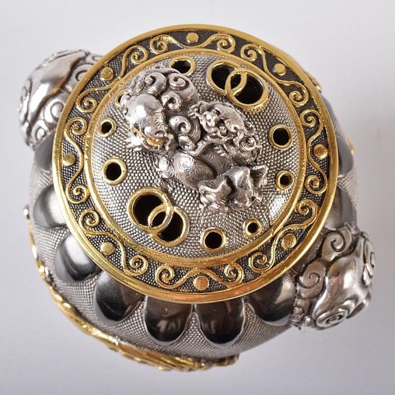 専用　高岡銅器　八代住　釘谷洞石作銀製獅子龍香炉約260g　共箱　L　R8429