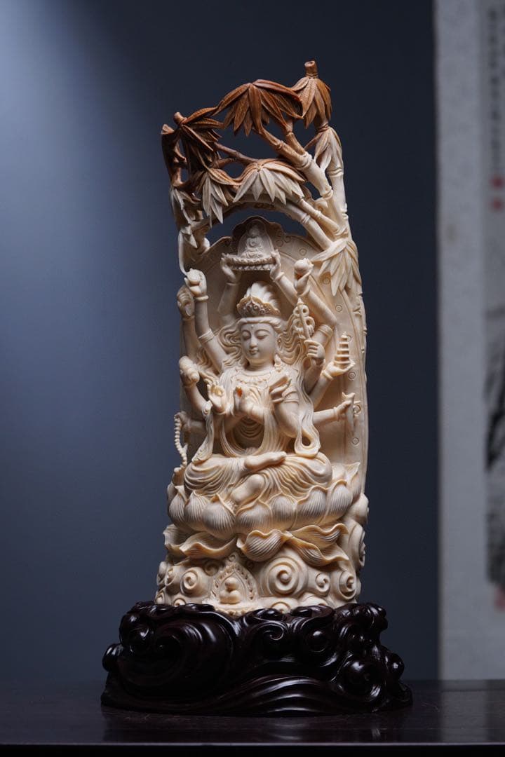 天然マンモス牙美しい手作り彫刻千手観音 置物