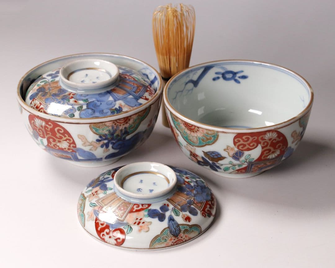 古伊万里 色絵蓋茶碗 二客 太宣年成 花鳥 錦手 染錦 赤絵 金彩 M859