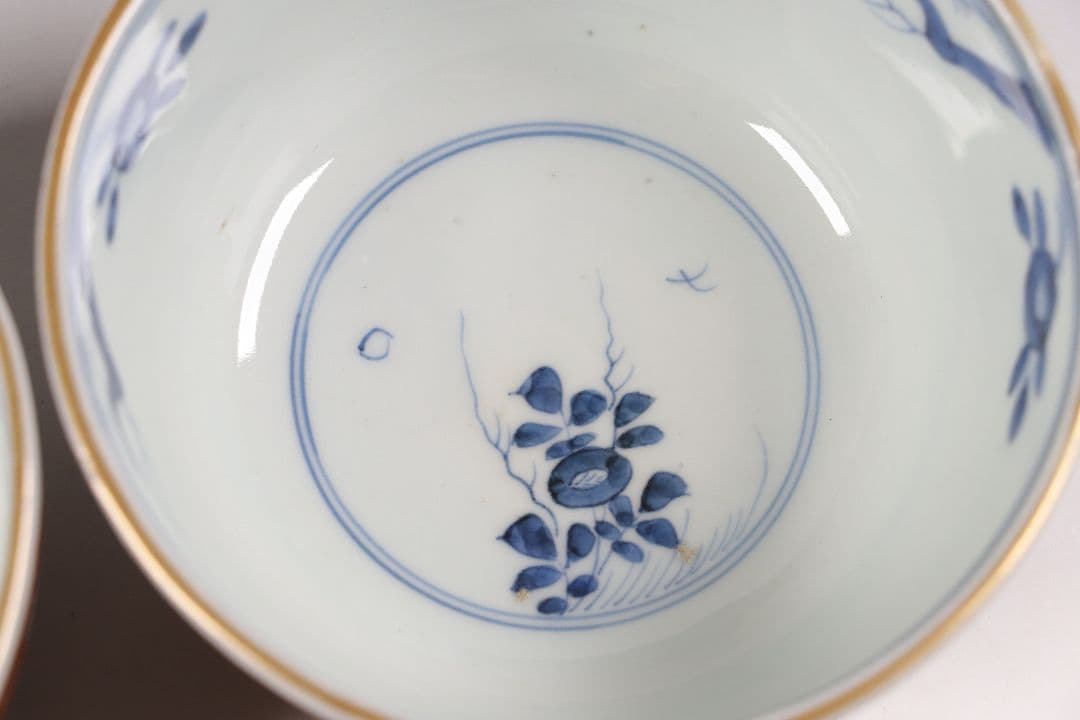 古伊万里 色絵蓋茶碗 二客 太宣年成 花鳥 錦手 染錦 赤絵 金彩 M859