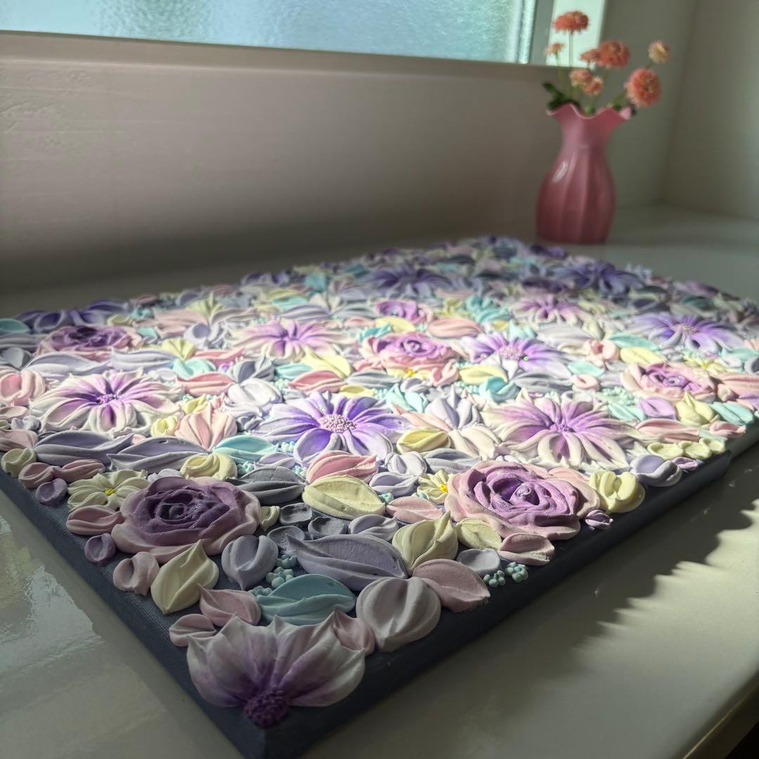 テクスチャーアート　花束　壁掛け　インテリア　現代アート　花の絵　フラワーアート