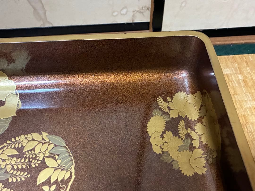 漆器 金箔 唐草紋 蒔絵 梨地 四角盆 時代物 木箱入