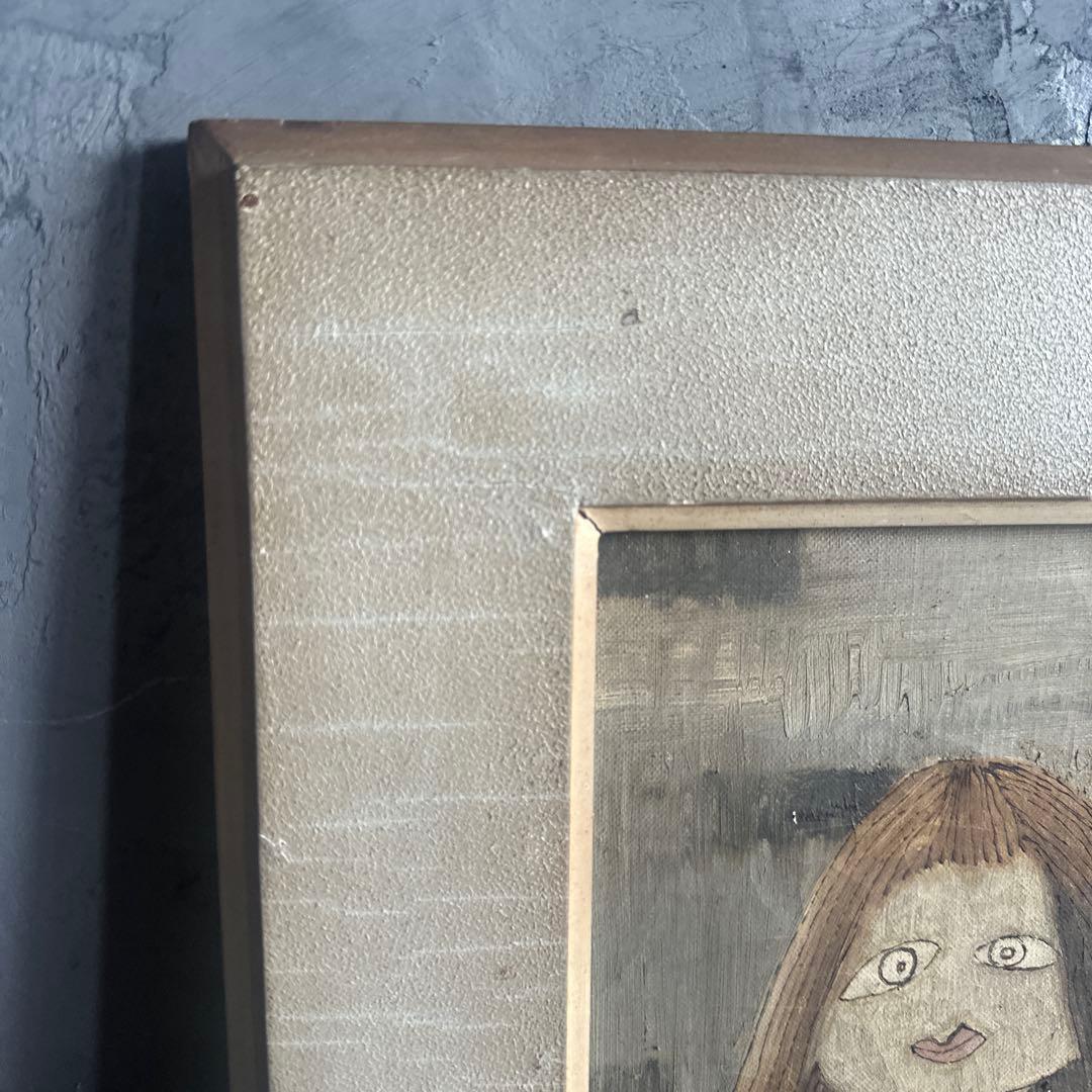 シュールでかわいすぎて驚き❣️ヴィンテージ油彩画 人物画 フレーム付き