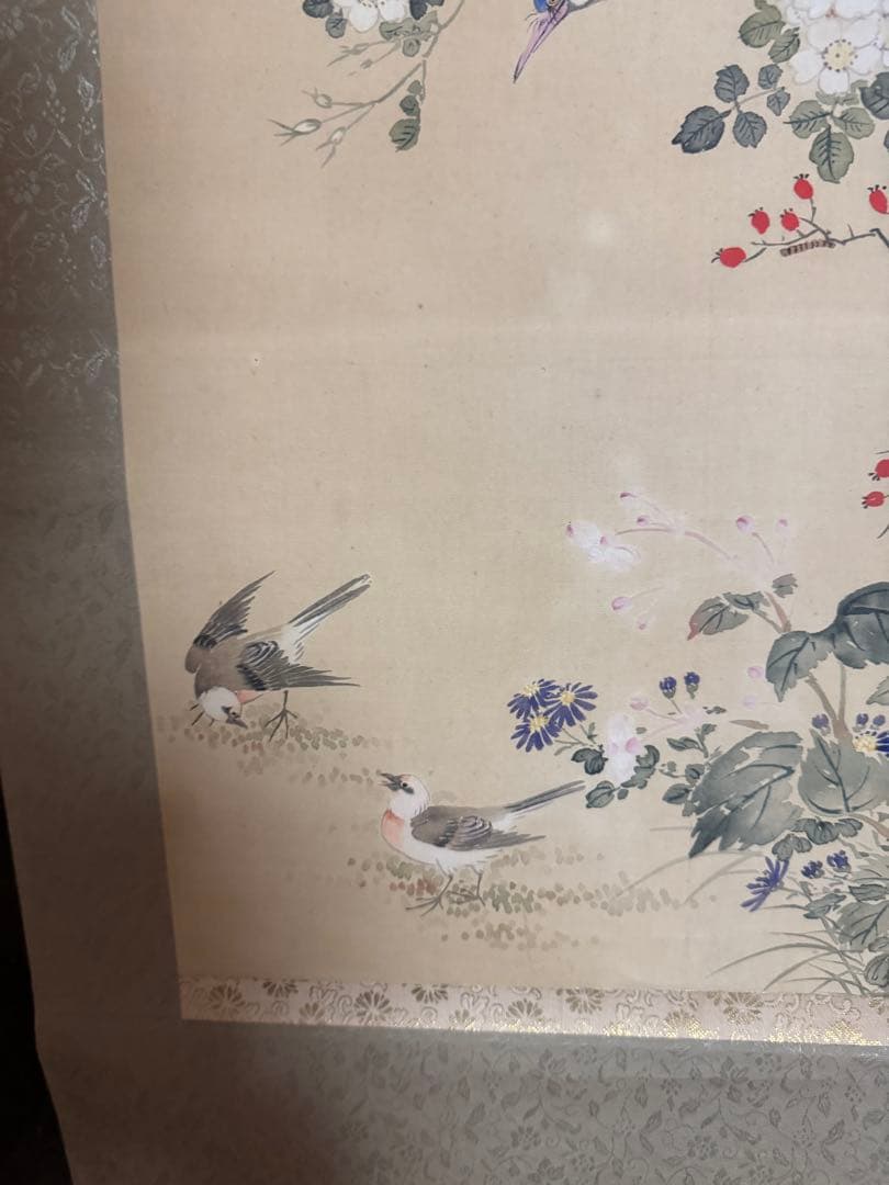 水墨画 鳥と花 署名入り　掛け軸