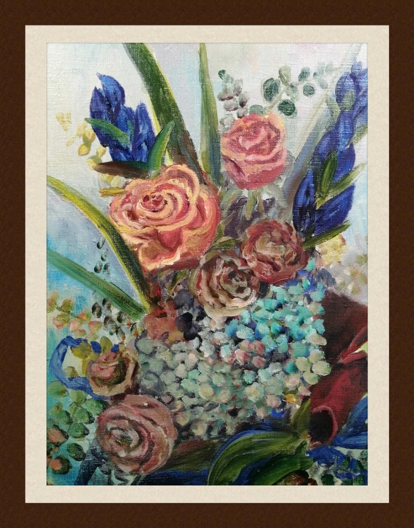 ギフト、レトロなスタイルの花束、油絵, バラ, あじさい