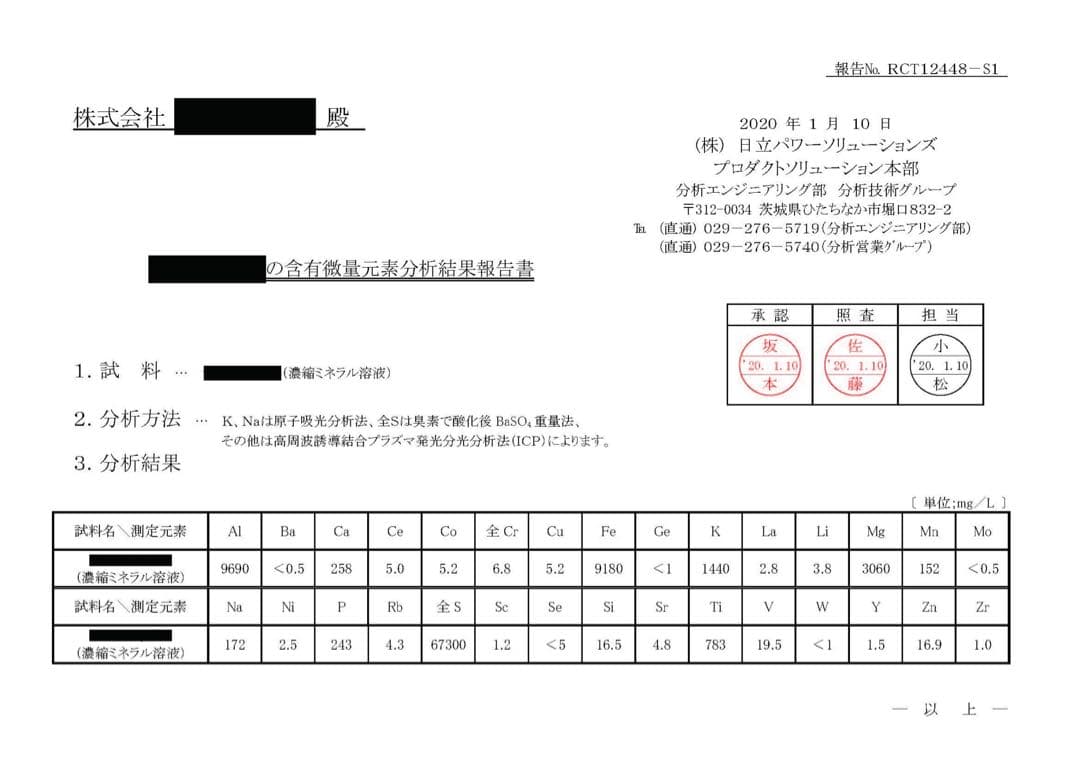 リピーター様限定ミネラル原液　50種類以上含有PFAS除去試験