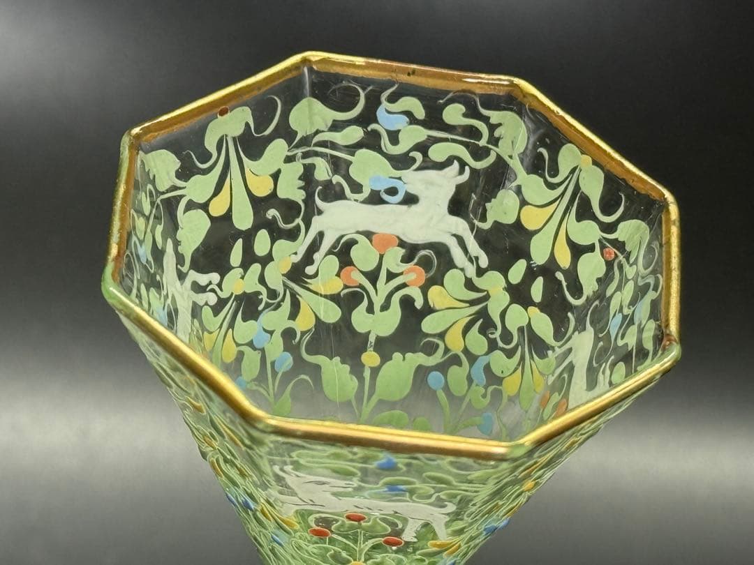 19世紀 アンティーク ベネチアガラス 金 エナメル彩 然文 緑色 八角 グラス