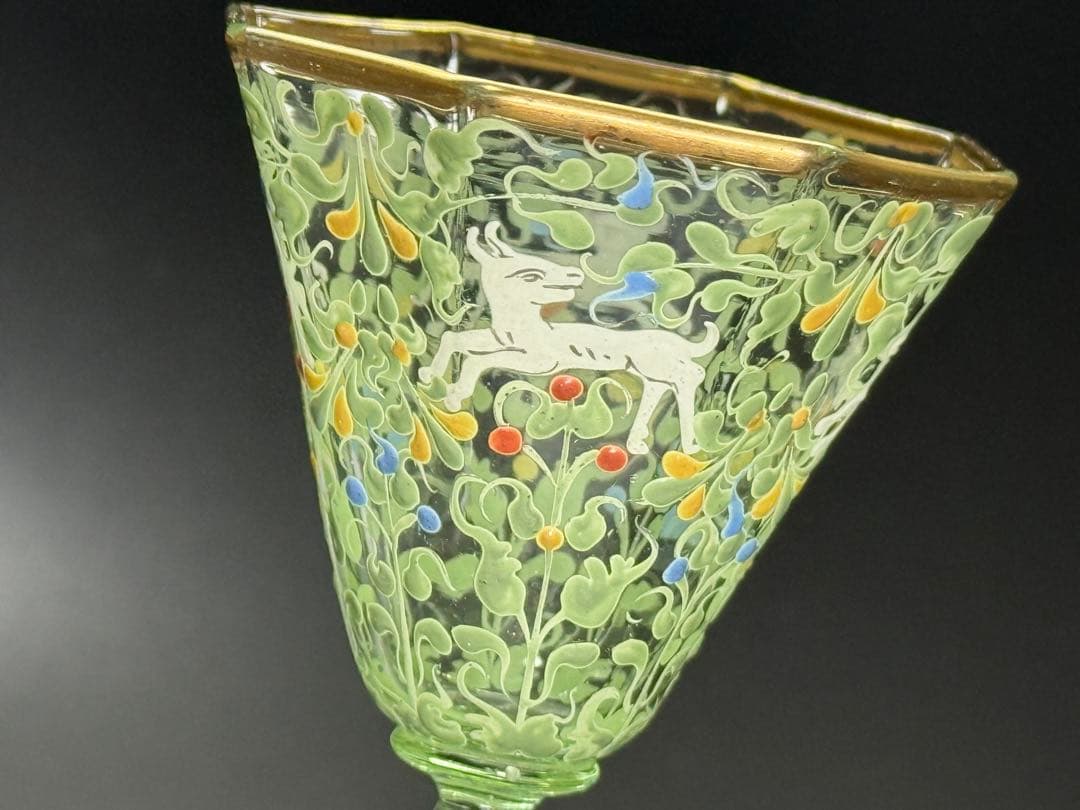 19世紀 アンティーク ベネチアガラス 金 エナメル彩 然文 緑色 八角 グラス