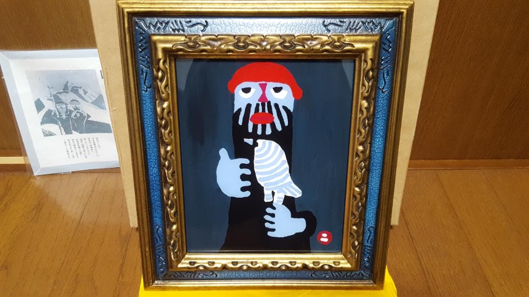 【真作】畦地梅太郎「鳥と山男」ガラス絵 ★貴重作★ 人気木版画家 山の詩人