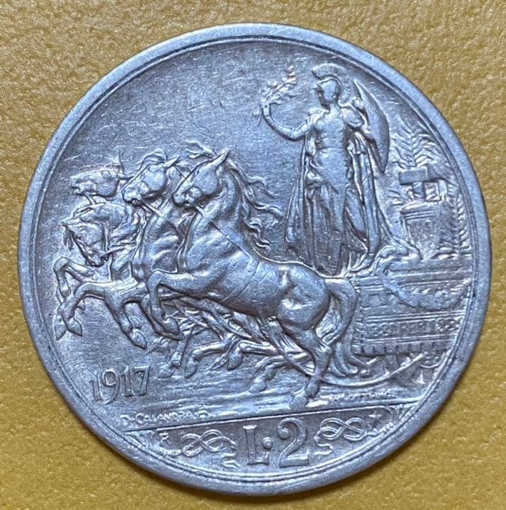 【特年】イタリア銀貨　1917 2リレ　クアドリガ　ビットーリオエマヌエレ3世