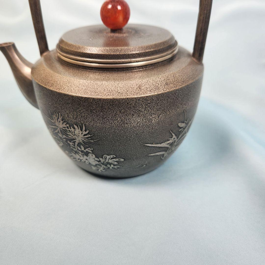 本錫 湯沸 急須 四君子文 瑪瑙 摘 継山造